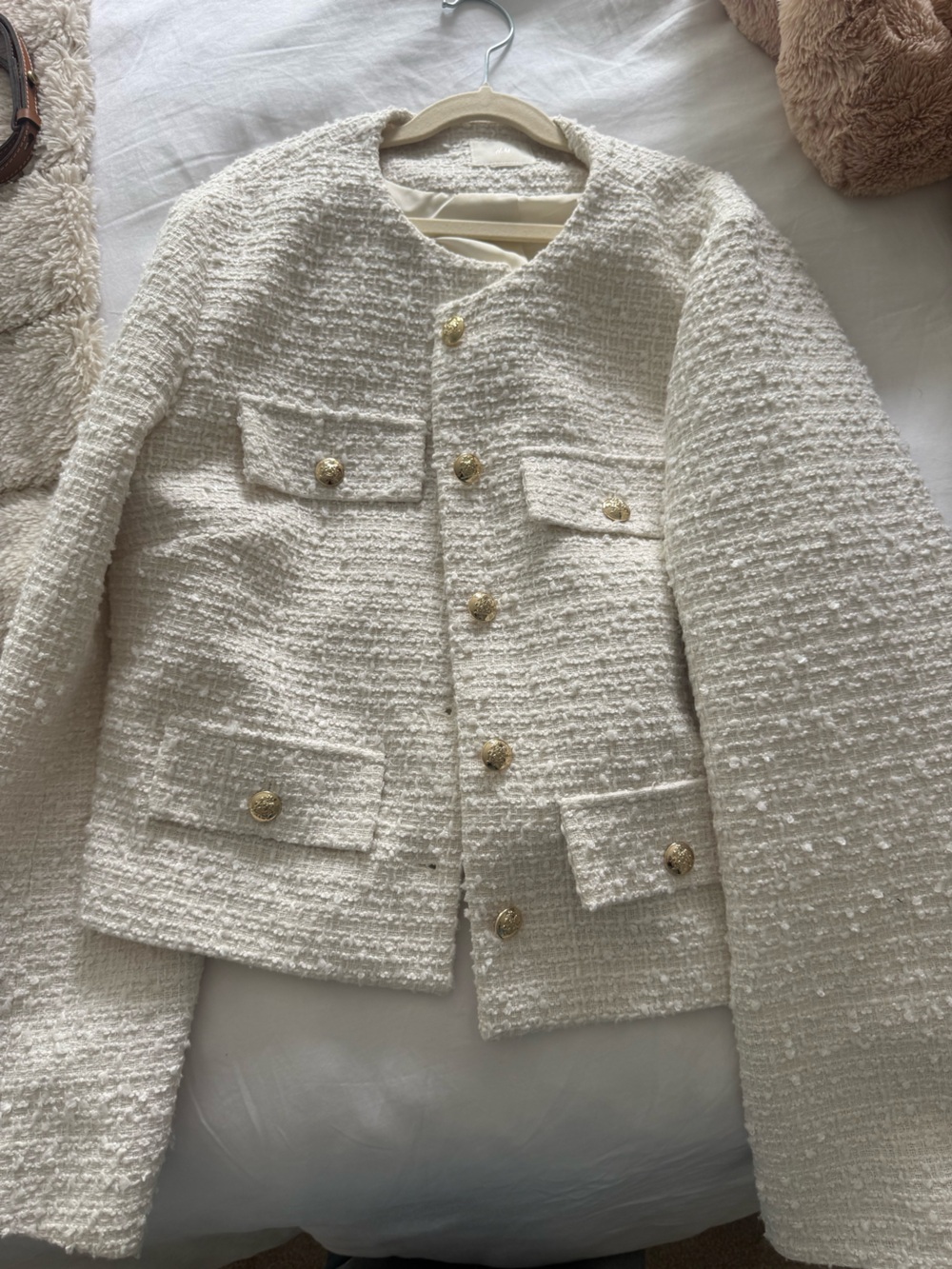 H&M Women's Cream Bouclé Jacket with Gold Buttons